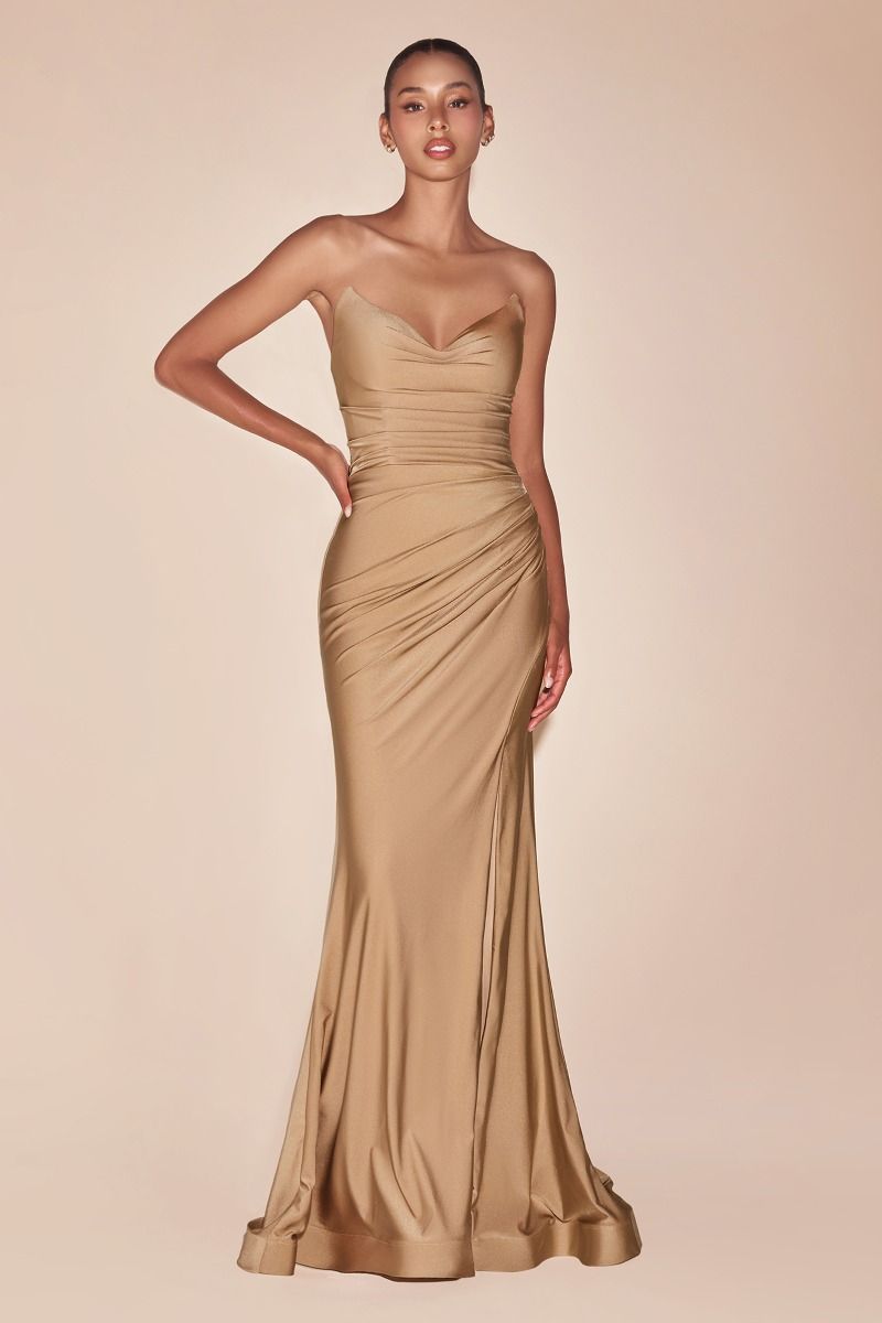 La Divine CD791 Fitted Stretchable Gown Sleeveless Front Leg Slit Ruched Bodice; Perfect for Bridesmaids Mia Bella Couture La Divine CD791 Fitted Stretchable Gown Sleeveless Front Leg Slit Ruched Bodice; Perfect for Bridesmaids Mia Bella Couture