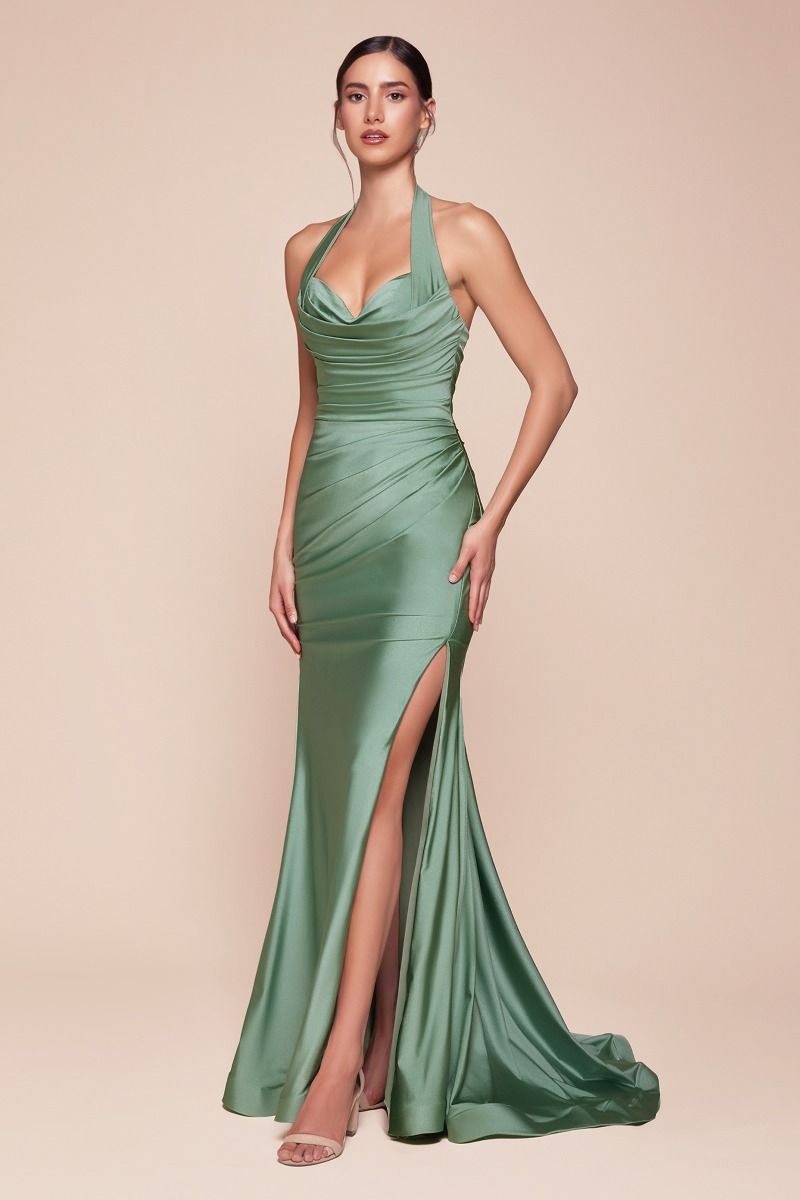 Ladivine CD796 Elegantly Fitted Formal Gown with Leg Slit Dark Sage / 6