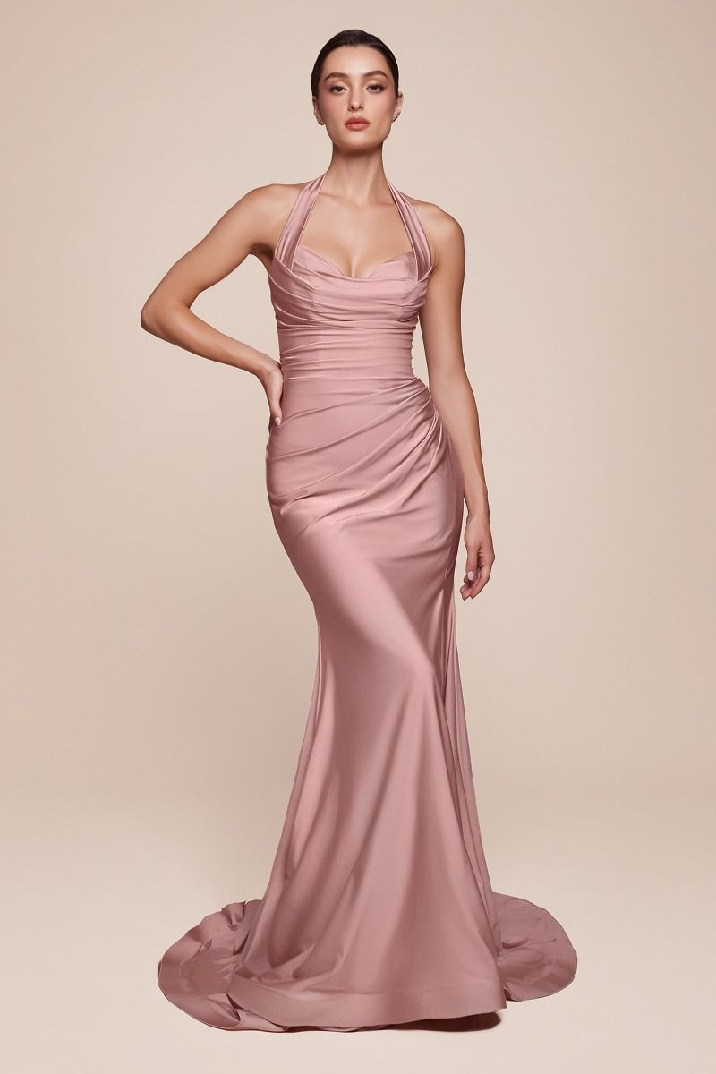 fitted lace wedding dress Ladivine CD796 Elegantly Fitted Formal Gown with Leg Slit Dusty Rose / 6