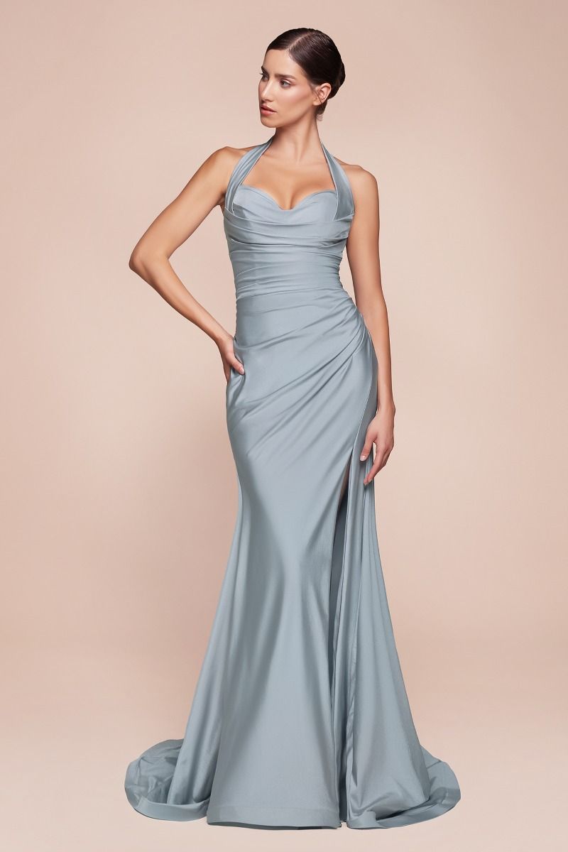 Ladivine CD796 Elegantly Fitted Formal Gown with Leg Slit Dusty Blue / 18 Ladivine CD796 Elegantly Fitted Formal Gown with Leg Slit Dusty Blue / 18