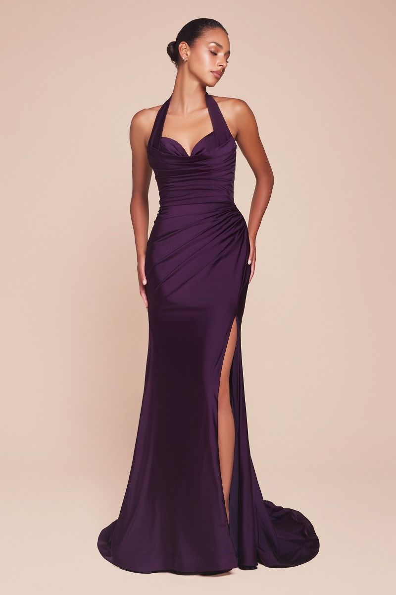 Ladivine CD796 Elegantly Fitted Formal Gown with Leg Slit Eggplant / 18 Ladivine CD796 Elegantly Fitted Formal Gown with Leg Slit Eggplant / 18