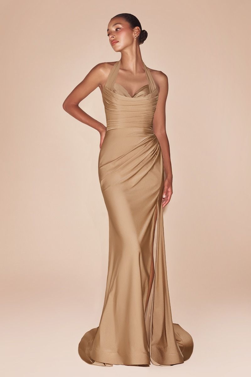 Ladivine CD796 Elegantly Fitted Formal Gown with Leg Slit Nude-Gold / 14 Ladivine CD796 Elegantly Fitted Formal Gown with Leg Slit Nude-Gold / 14