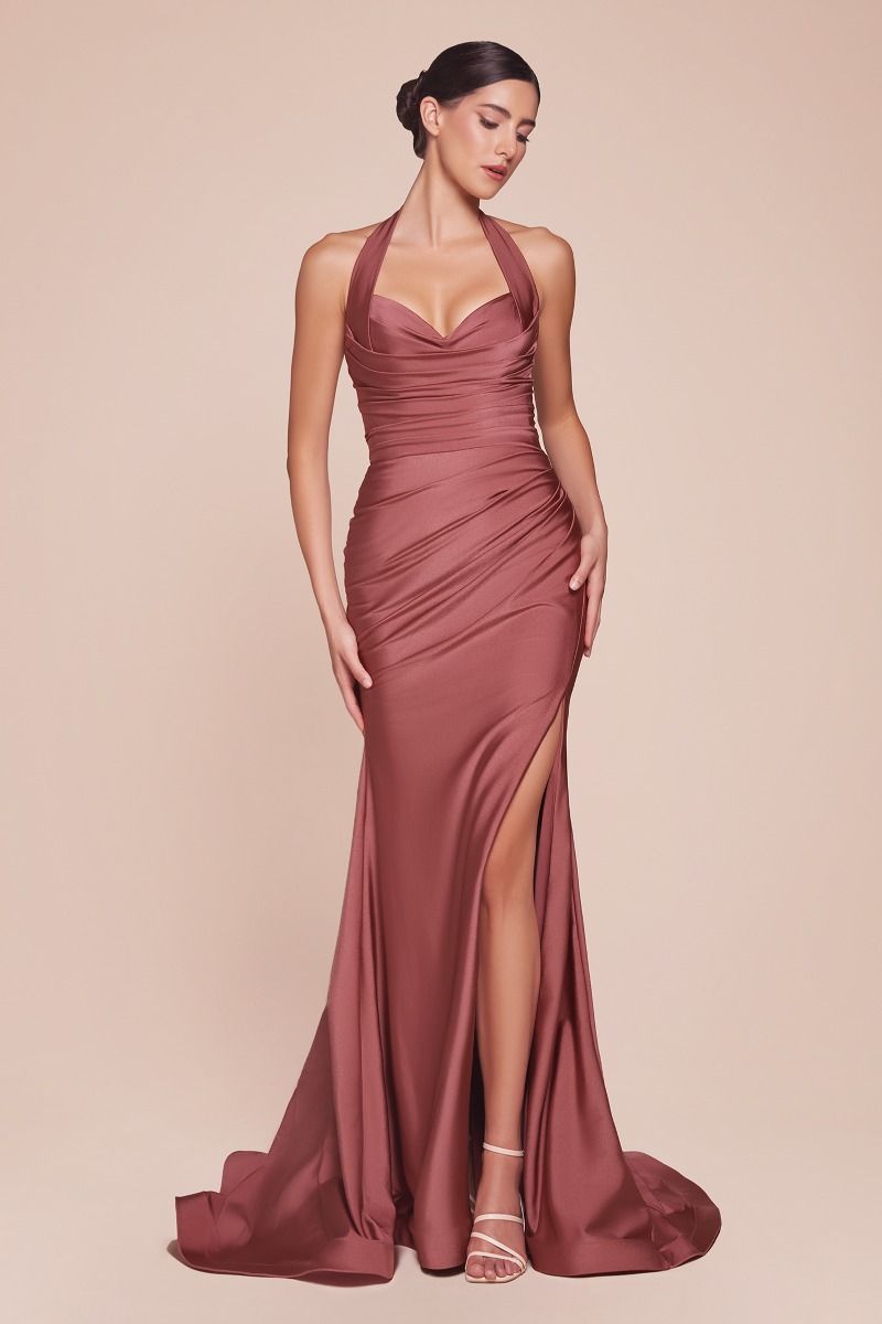slim fit dress slacks Ladivine CD796 Elegantly Fitted Formal Gown with Leg Slit Sienna Rose / 10