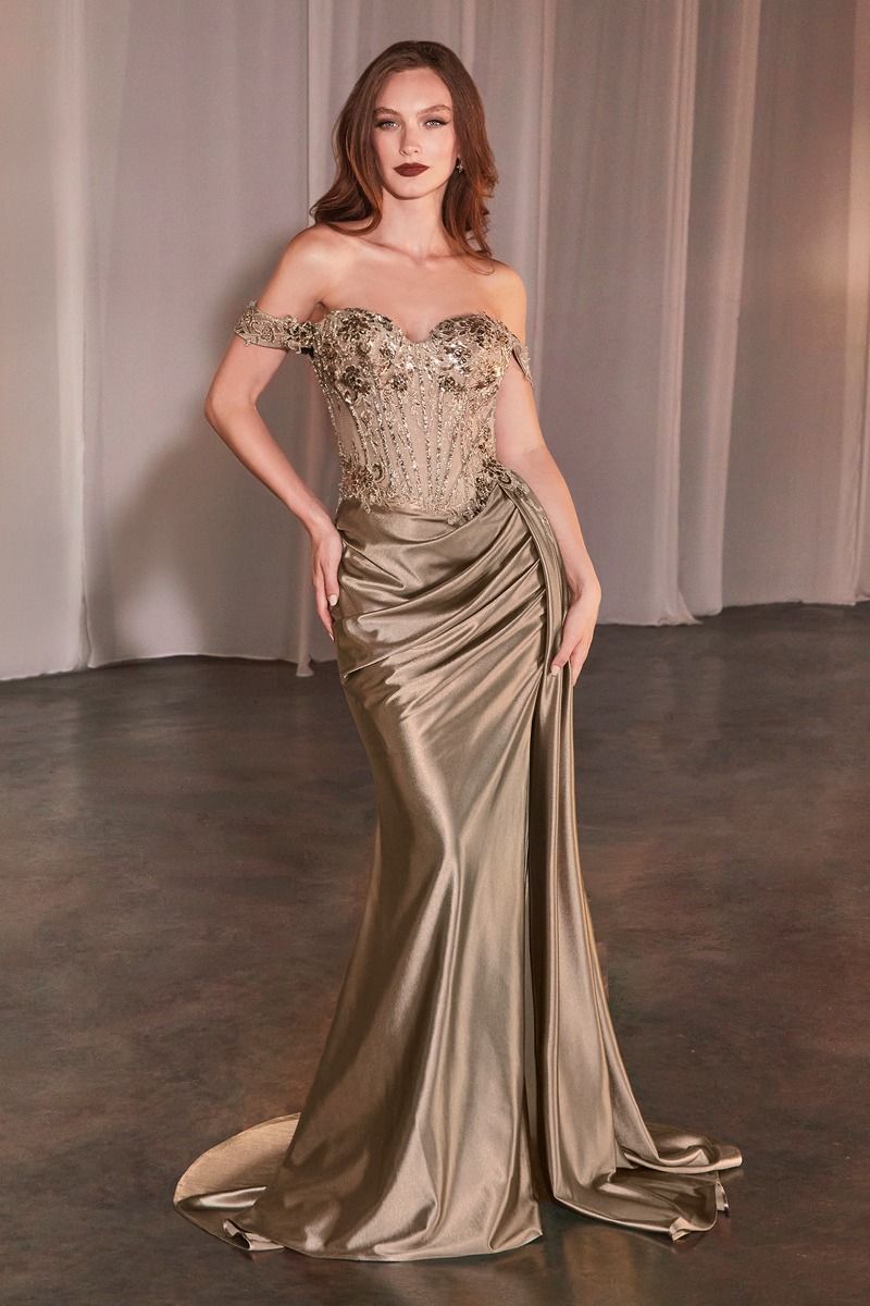 mocha dress La Divine CD803 Embellished Corset Gown Satin Skirt 22 / Mocha Gold