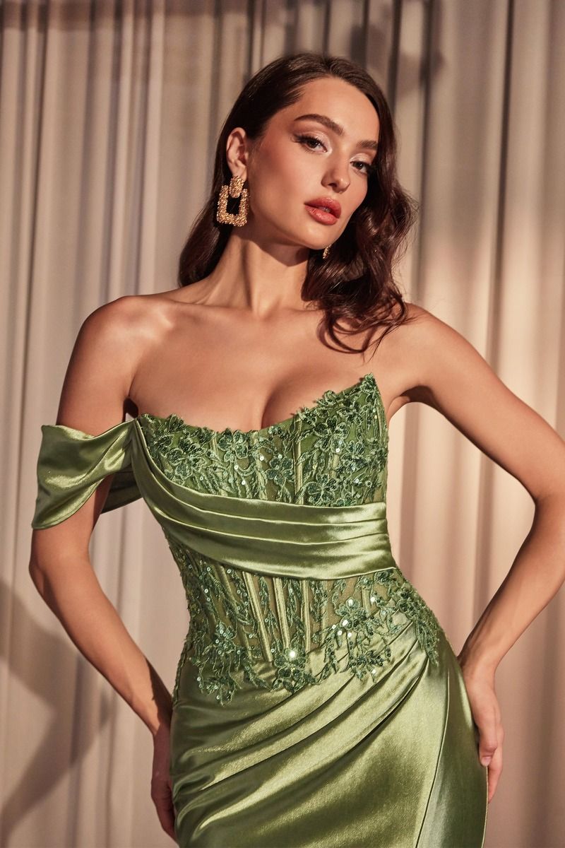 La Divine CD804 Fitted Corset Gown Satin Skirt with Slit Mia Bella Couture La Divine CD804 Fitted Corset Gown Satin Skirt with Slit Mia Bella Couture