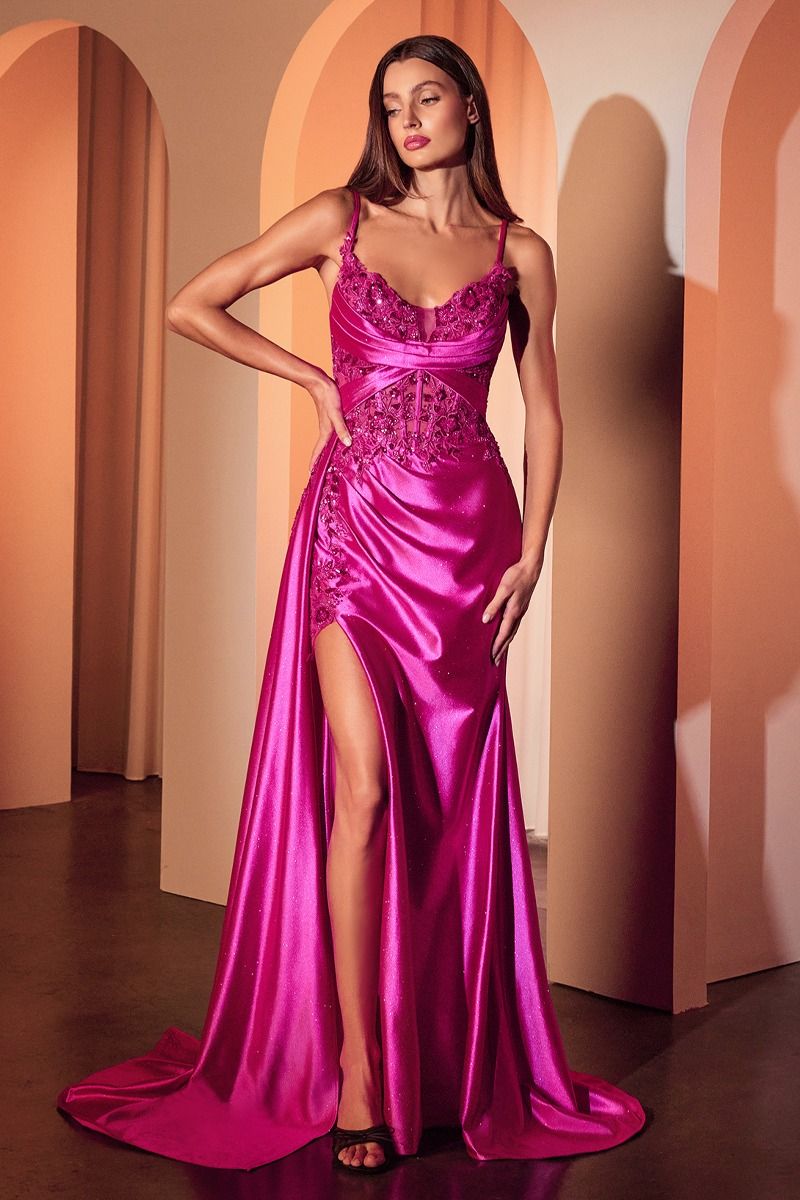 La Divine CDS524 Fitted Lace Embellished Satin Gown with Side Overskirt Fuchsia / 6 La Divine CDS524 Fitted Lace Embellished Satin Gown with Side Overskirt Fuchsia / 6
