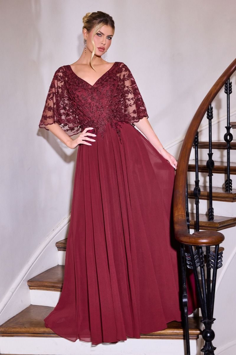 Ladivine CL10 Flowy Chiffon Gown with Sheer Cape Sleeves & V-Neck Burgundy / 14 Ladivine CL10 Flowy Chiffon Gown with Sheer Cape Sleeves & V-Neck Burgundy / 14
