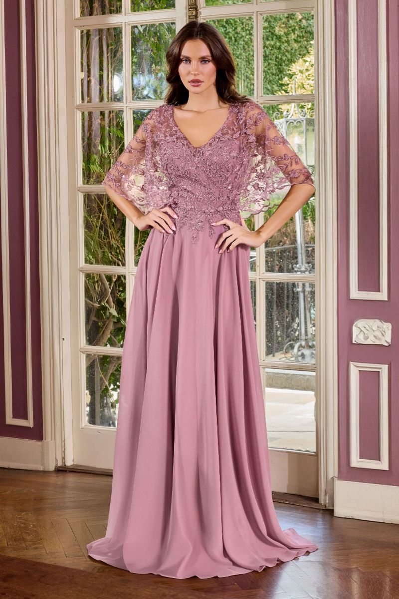 Ladivine CL10 Flowy Chiffon Gown with Sheer Cape Sleeves & V-Neck Dusty Mauve / 8 Ladivine CL10 Flowy Chiffon Gown with Sheer Cape Sleeves & V-Neck Dusty Mauve / 8