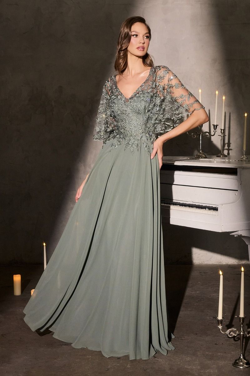 Ladivine CL10 Flowy Chiffon Gown with Sheer Cape Sleeves & V-Neck Moss Green / 12