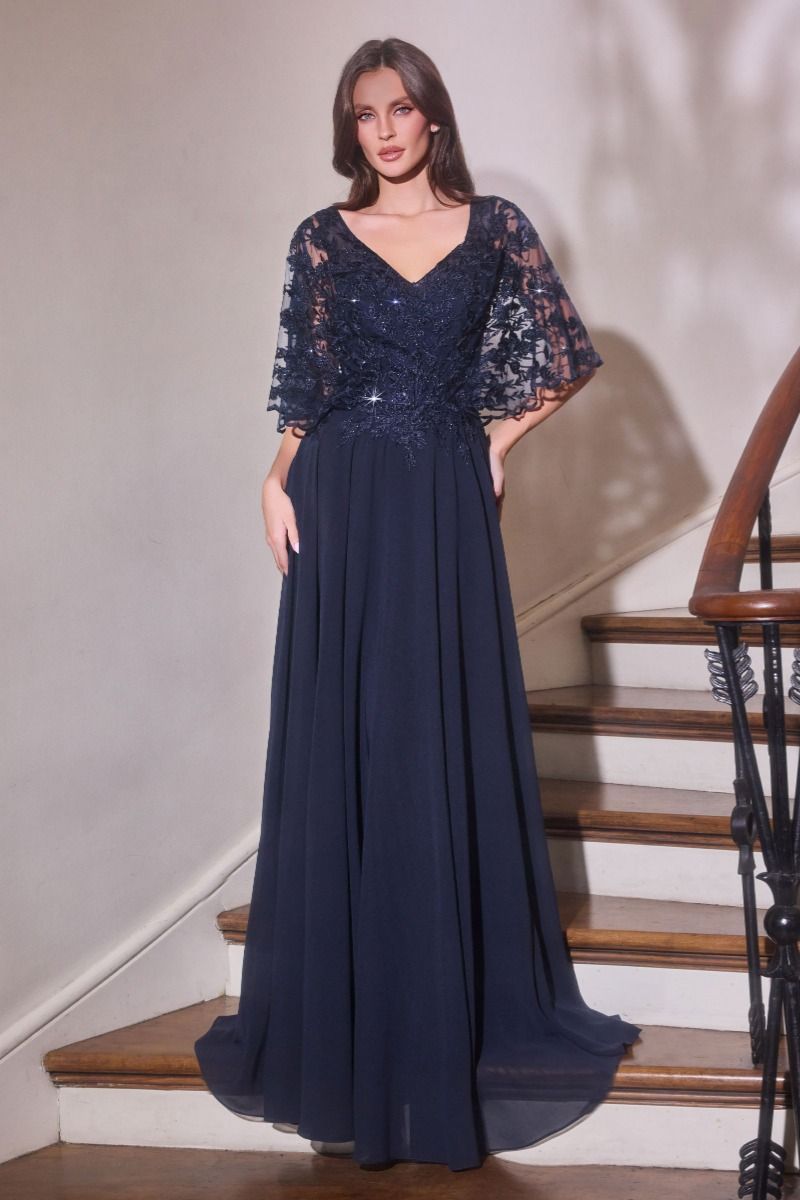 green emerald velvet dress Ladivine CL10 Flowy Chiffon Gown with Sheer Cape Sleeves & V-Neck Navy / 18