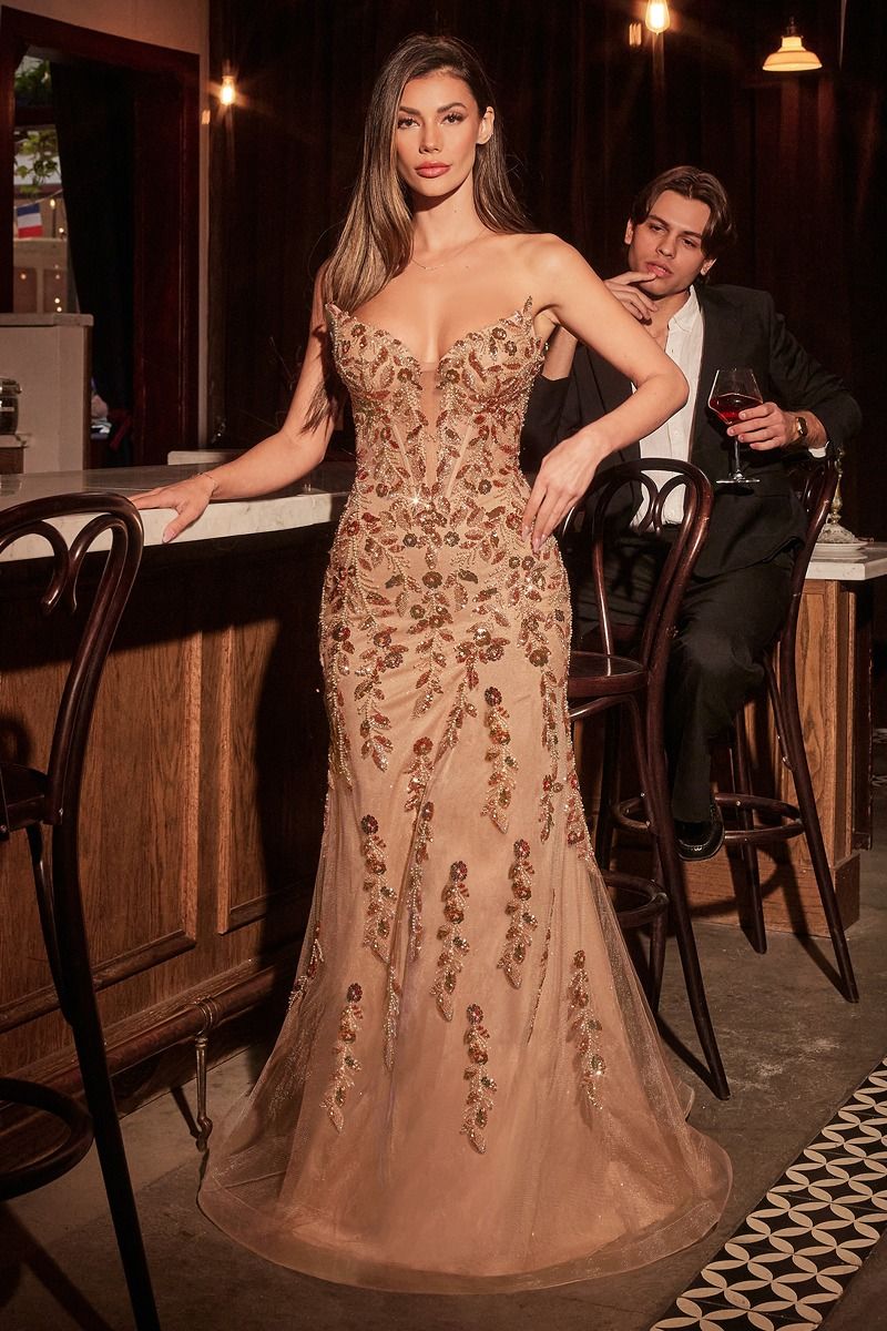 Ladivine CM382 Elegant Formal Fitted Gown Rose Gold / 14 Ladivine CM382 Elegant Formal Fitted Gown Rose Gold / 14