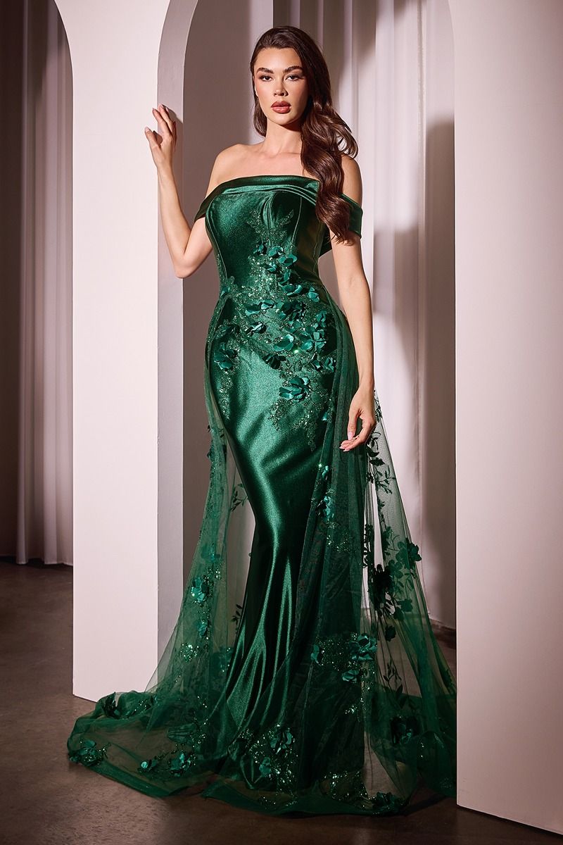 La Divine J876 Fitted Satin Mermaid Formal Gown with Sparkle Tulle Overlay Emerald / 8 La Divine J876 Fitted Satin Mermaid Formal Gown with Sparkle Tulle Overlay Emerald / 8