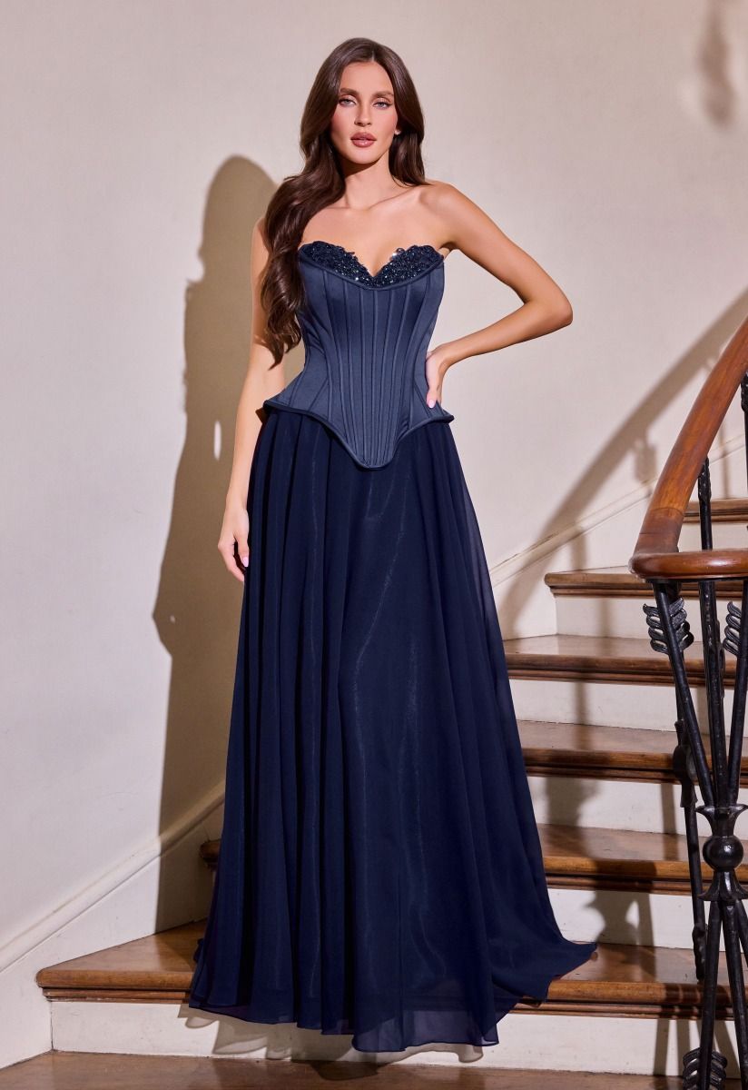 LaDivine J891 Fitted Sweetheart Corset Bodice with Relaxed A-Line Skirt Navy / 18