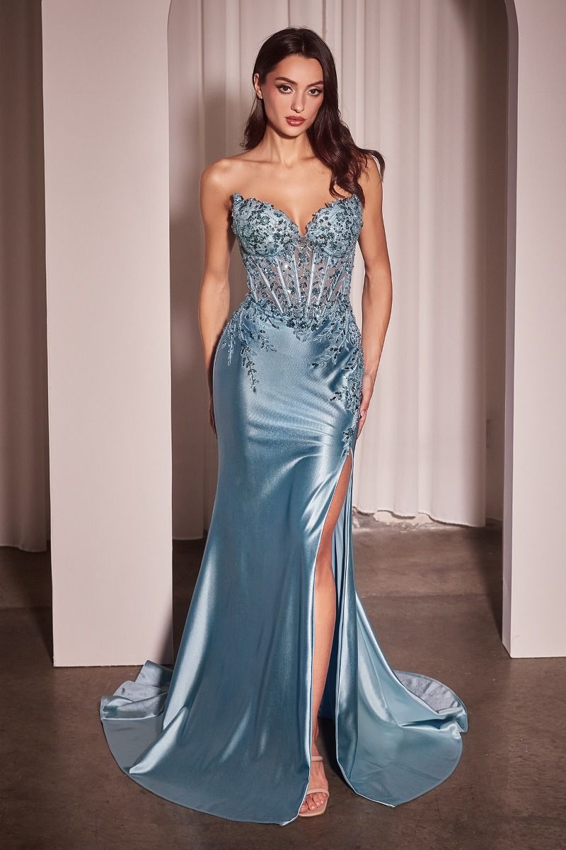 formal dress with boning La Divine CD797 Fitted Formal Gown with Intricate Lace Detailing, Corset-Style Exposed Boning, Mermaid Flared Skirt Black / 6 main image 1
