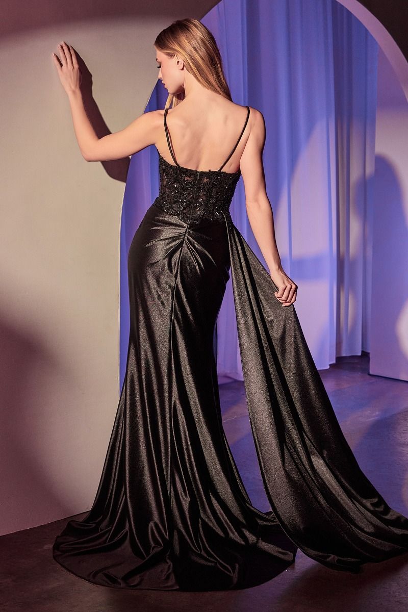 La Divine KV1117 Fitted Embellished Satin Gown with Leg Slit and Side Overskirt Black / 12 La Divine KV1117 Fitted Embellished Satin Gown with Leg Slit and Side Overskirt Black / 12