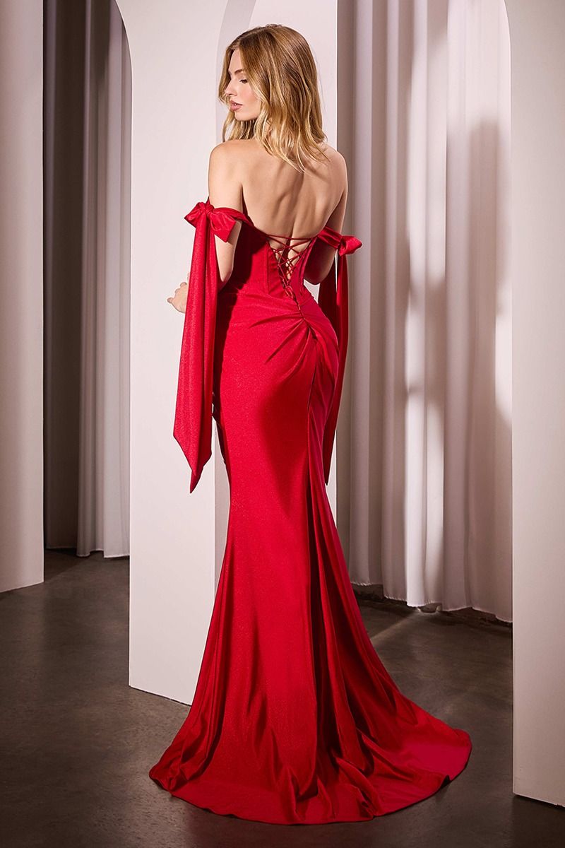 La Divine KV1120 Fitted Pleated Bustier Formal Gown with Tie-able Bow Sleeves Red / 14 La Divine KV1120 Fitted Pleated Bustier Formal Gown with Tie-able Bow Sleeves Red / 14