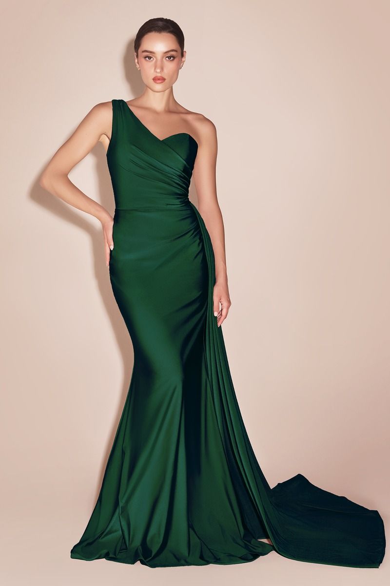 hunter green evening dresses Ladivine PT004 One-Shoulder Stretchable Gown with Pleating & Hip Sash / 14 NA-09.04.25AM Blue 10-Drawer Dressers at From the waist down Size:39-42 (6.5-9)