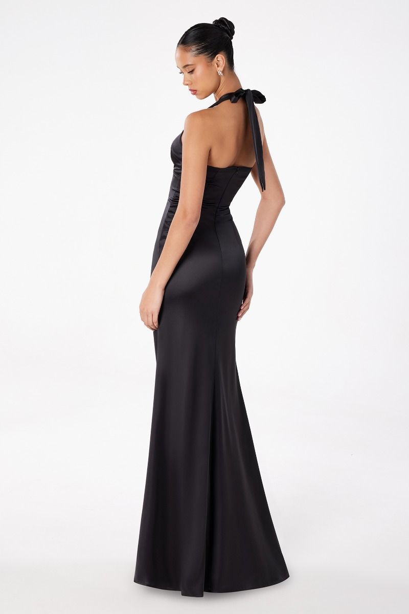 fitted mesh dress Astee T501 Elegantly Fitted Long Dress V-Neckline Black / M
