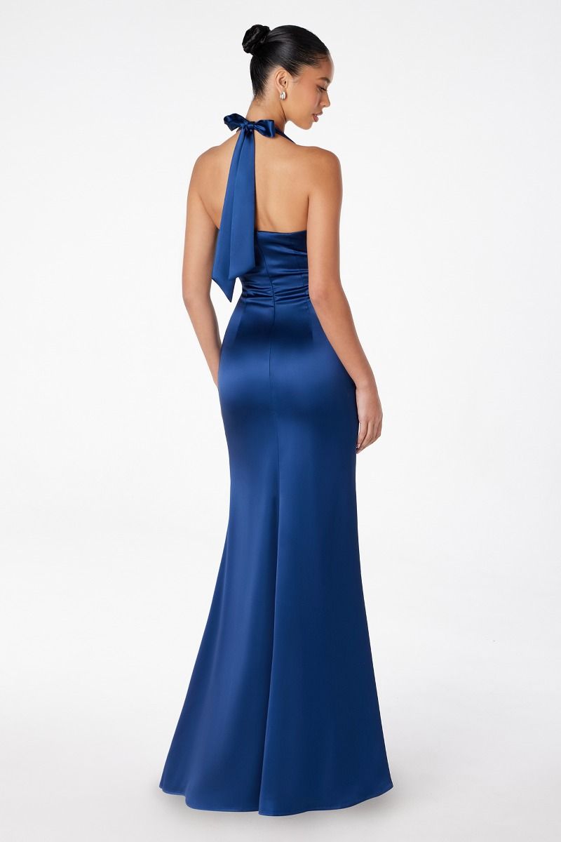 Astee T501 Elegantly Fitted Long Dress V-Neckline Navy / S