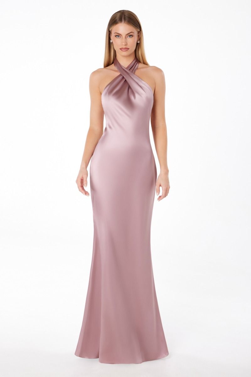 Astee T2005 Fitted Mermaid Sheath Gown with Twisted Halter Top Mia Bella Couture Astee T2005 Fitted Mermaid Sheath Gown with Twisted Halter Top Mia Bella Couture