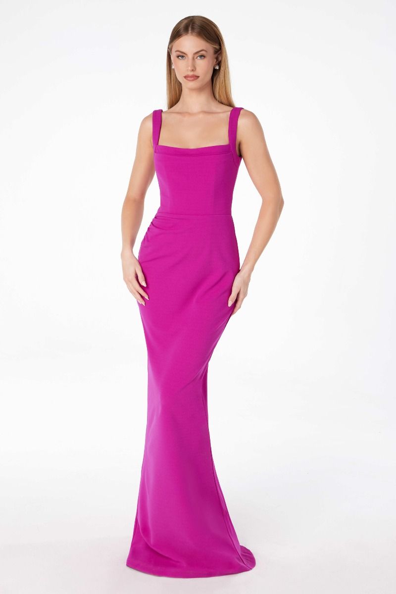 Astee T3000 Elegant Formal Dress with Pleated Straight Neckline Magenta / M Astee T3000 Elegant Formal Dress with Pleated Straight Neckline Magenta / M