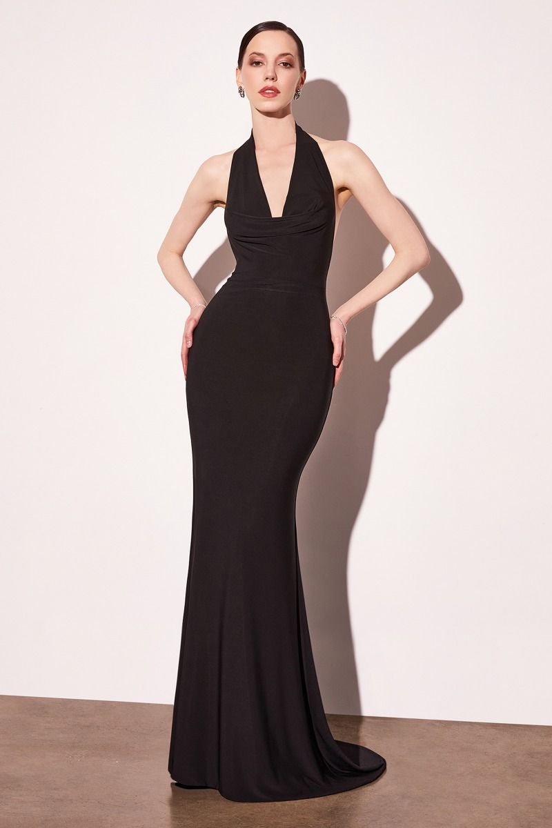 Astee T501 Elegantly Fitted Long Dress Cowl Neckline  Mia Bella Couture
