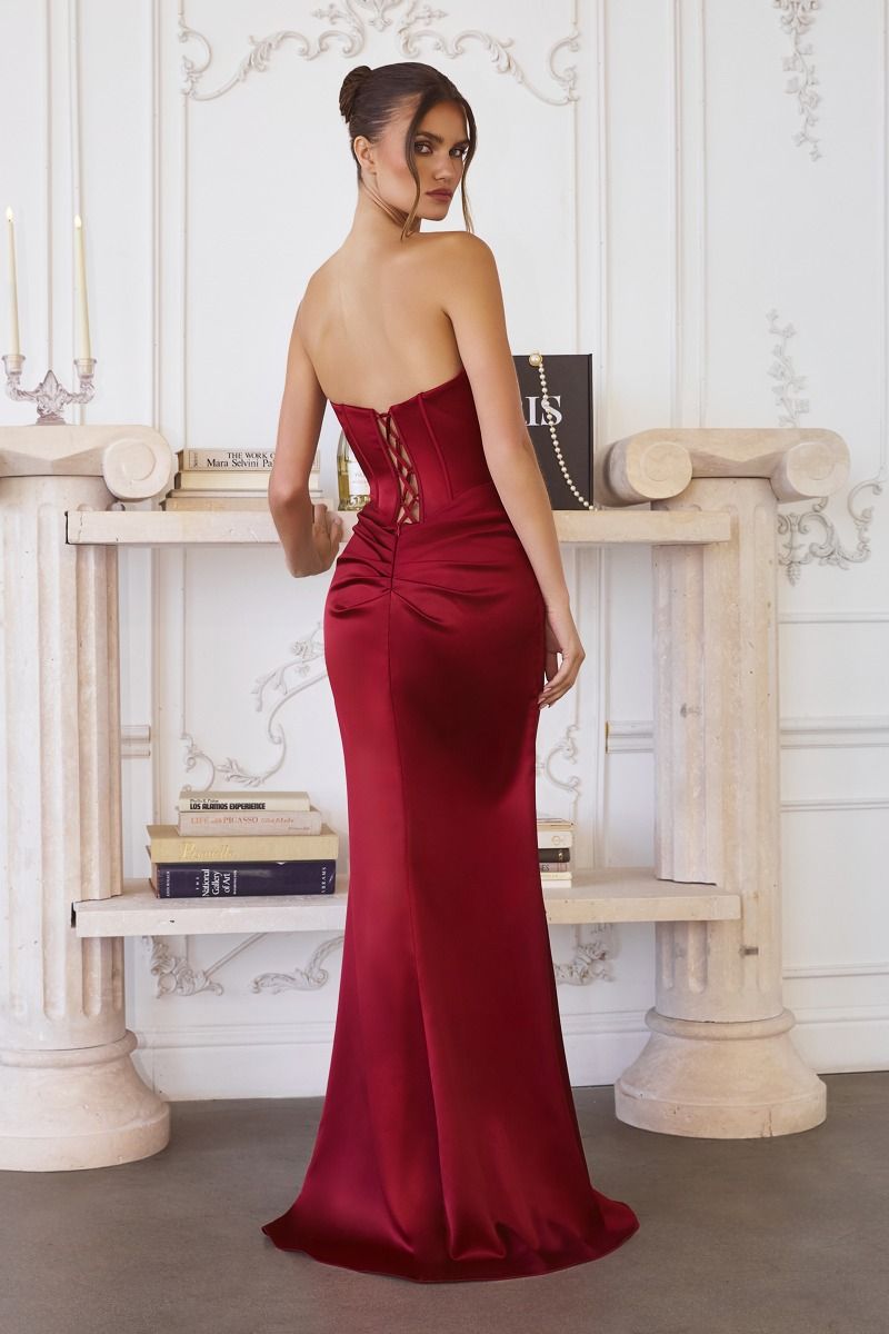 Amoris T611 Elegantly Fitted Satin Formal Gown with Leg Slit Deep Red / M