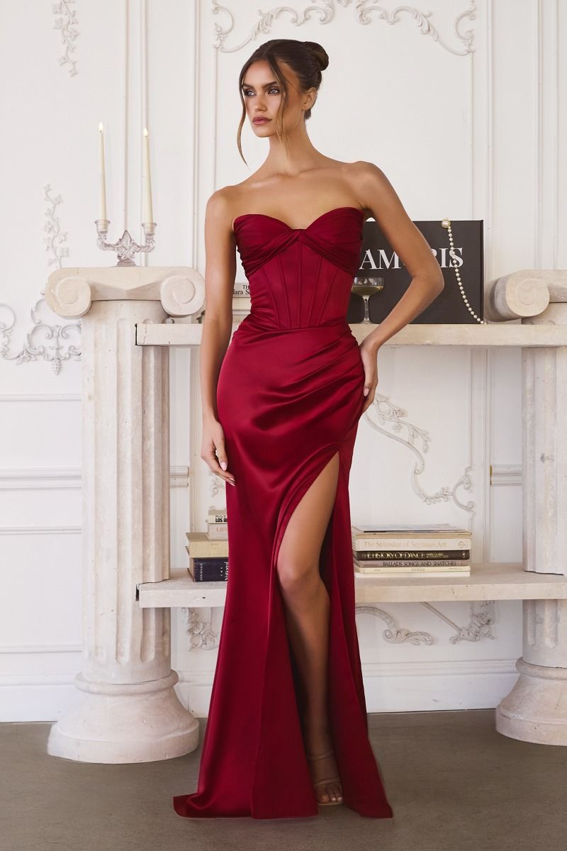 Amoris T611 Elegantly Fitted Satin Formal Gown with Leg Slit Deep Red / M Amoris T611 Elegantly Fitted Satin Formal Gown with Leg Slit Deep Red / M