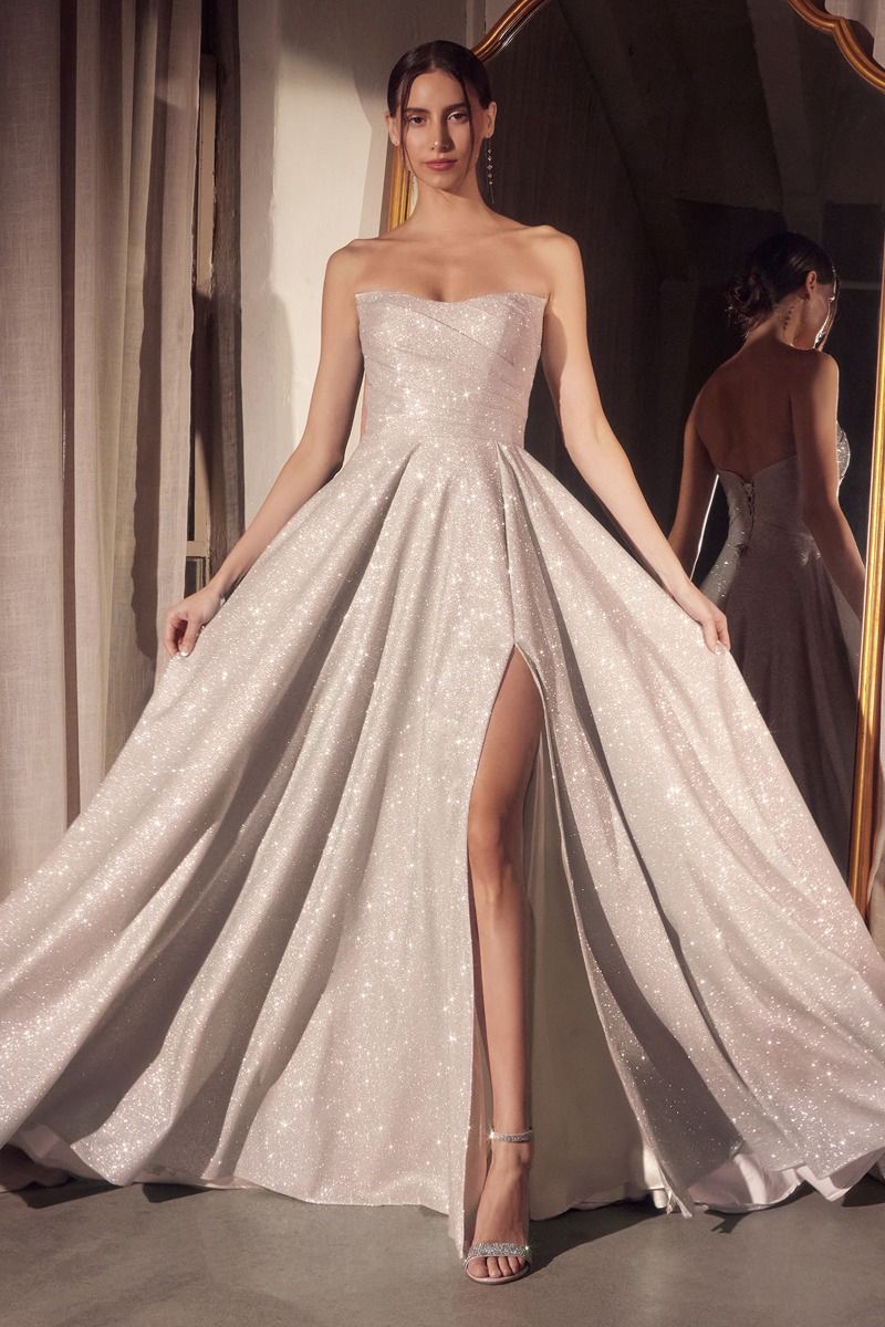 Amoris T701 Glitter Fabric A-Line Gown with Strapless Fitted Bodice Platinum / L Amoris T701 Glitter Fabric A-Line Gown with Strapless Fitted Bodice Platinum / L