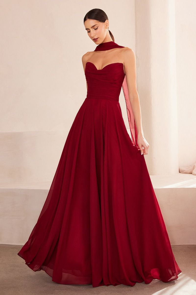 fitted lace wedding dress Amoris T703 Elegant A-Line Chiffon Gown Burgundy / M