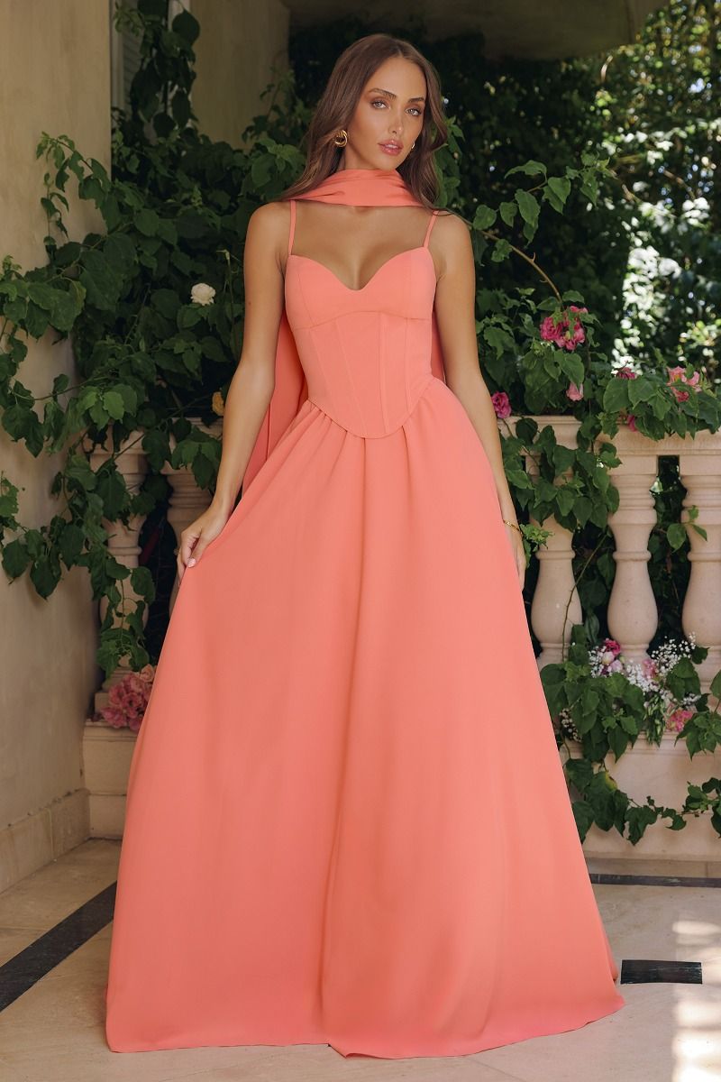 Amoris T711 Elegant Flowy Chiffon Gown with Neck Scarf Coral / L