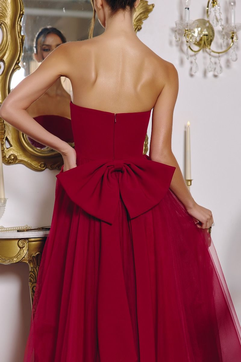 Amoris T712 Strapless A-Line Maxi Dress with Oversize Back Bow Burgundy / M Amoris T712 Strapless A-Line Maxi Dress with Oversize Back Bow Burgundy / M