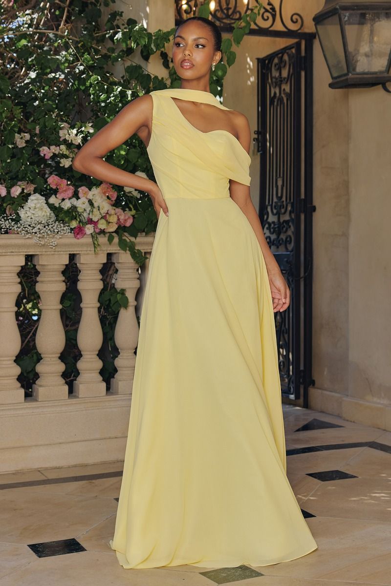 yellow chiffon evening dress Yellow Chiffon A Line Gown With 3D Flower Straps