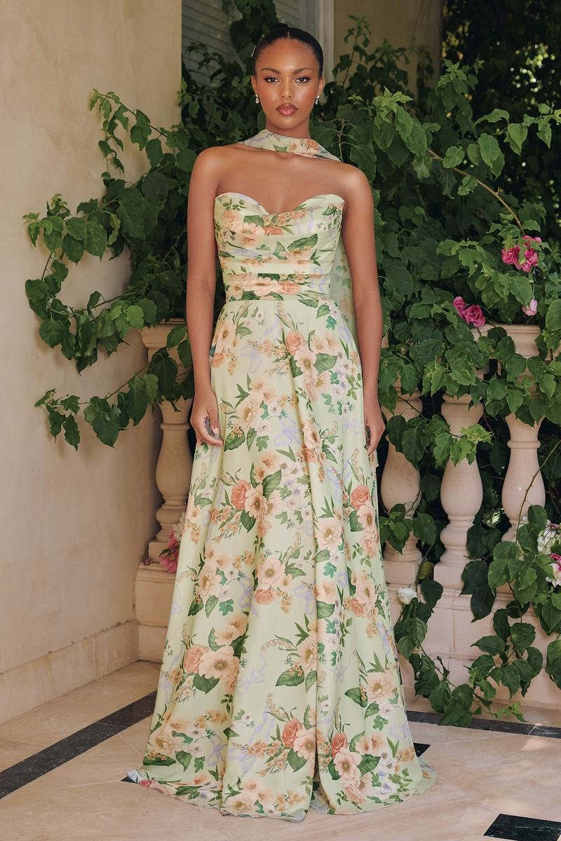 Amoris T717 Floral Print Ruched Sweetheart A-Line Gown With Neck Scarf Mia Bella Couture Amoris T717 Floral Print Ruched Sweetheart A-Line Gown With Neck Scarf Mia Bella Couture