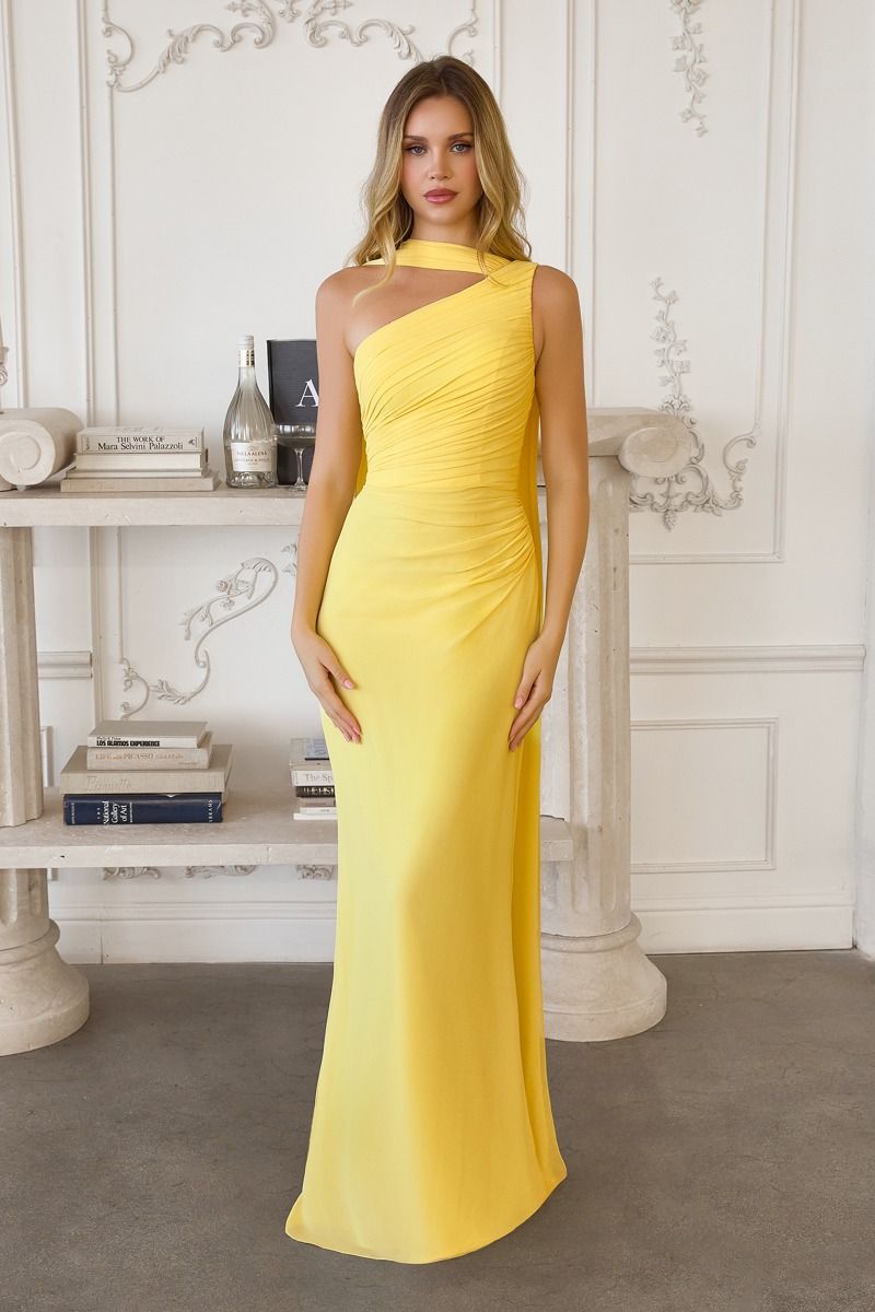 Amoris T730 Elegant Chiffon Draped Fitted Formal Gown with Versatile Scarf Detail Light Yellow / XL