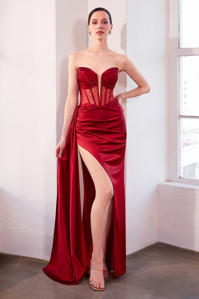 Amoris T811 Elegantly Fitted Satin Formal Gown Deep Red / S Amoris T811 Elegantly Fitted Satin Formal Gown Deep Red / S