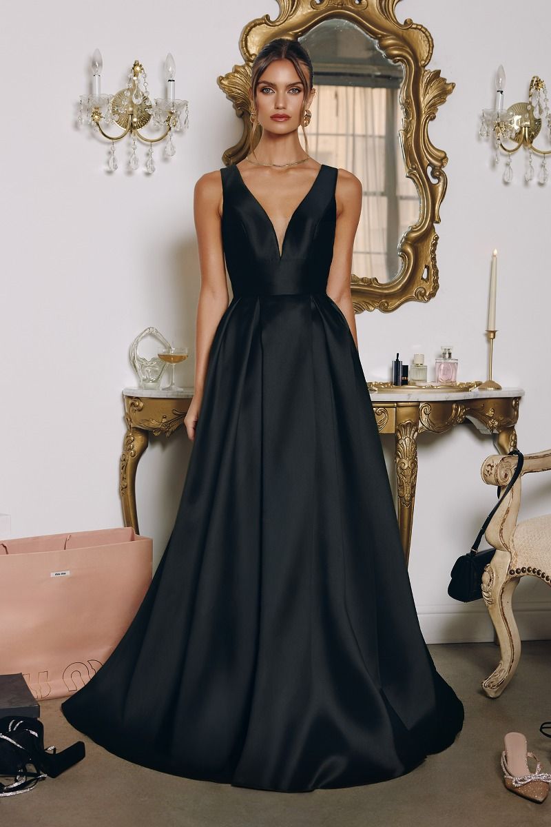 Black Satin Couture Long Skirt Dress Applique Satin Strapless Slit Gown By Amelia  Couture 9055 10