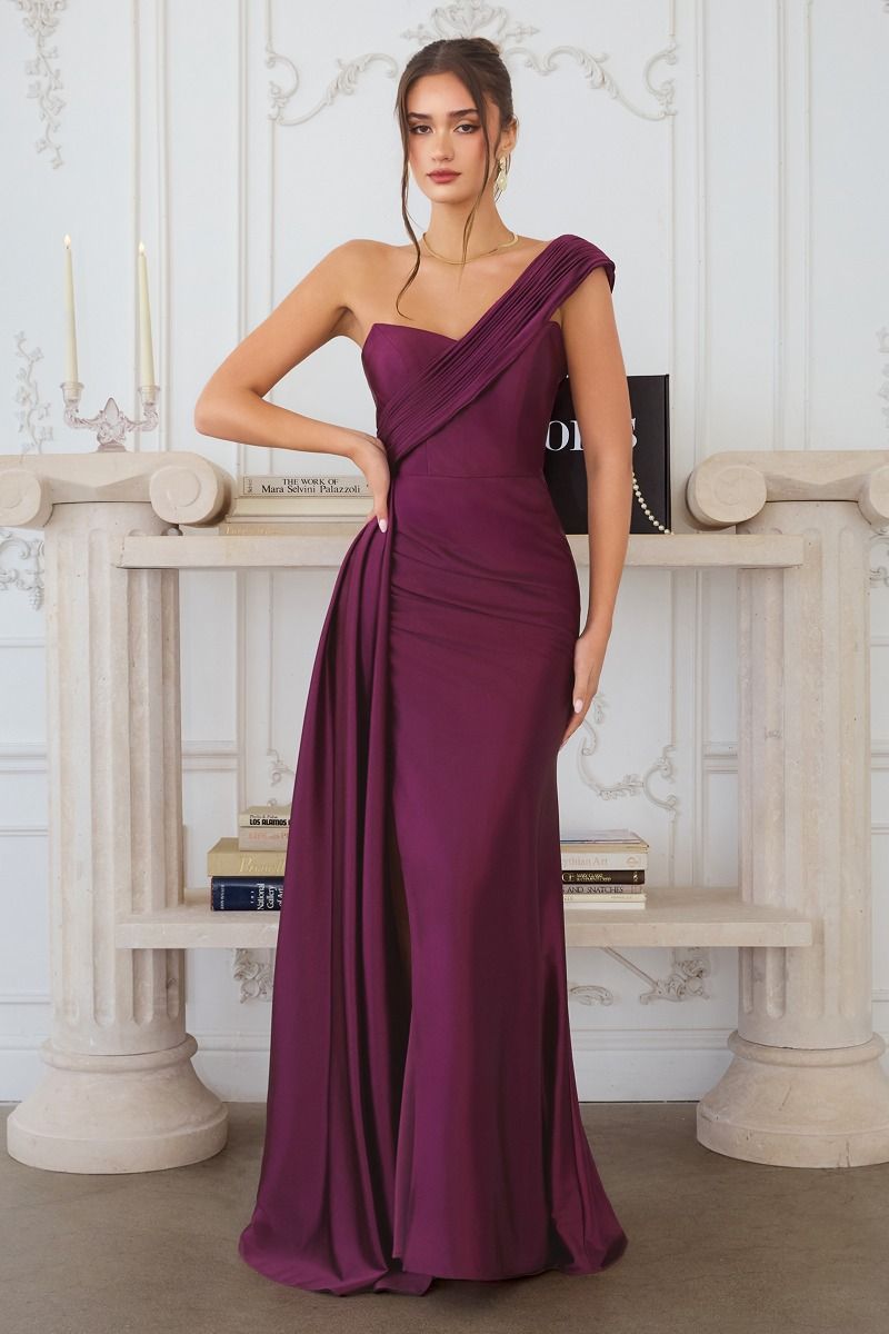 one sleeve corset dress BABARONI BABARONI Acetate Satin Rust Bridesmaid Dresses One Shoulder Sweep Train Sleeveless Pleated with Slit Sheath, Rust / US0