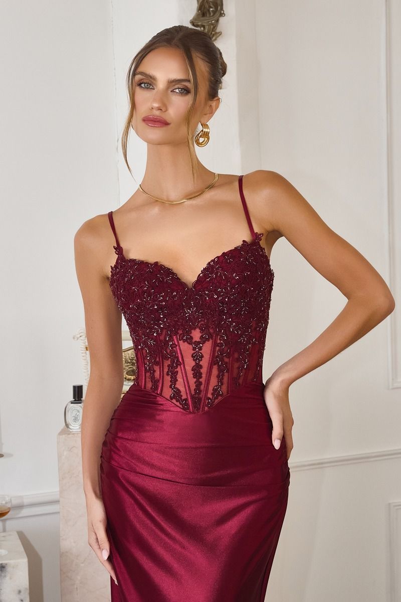 Amoris T819 Elegantly Fitted Embellished Formal Gown Burgundy / 2XL
