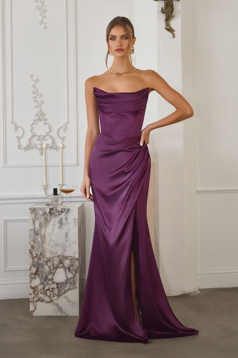 eggplant formal dresses Amoris T820 Elegantly Fitted Satin Formal Gown with Leg Slit Eggplant / 3XL