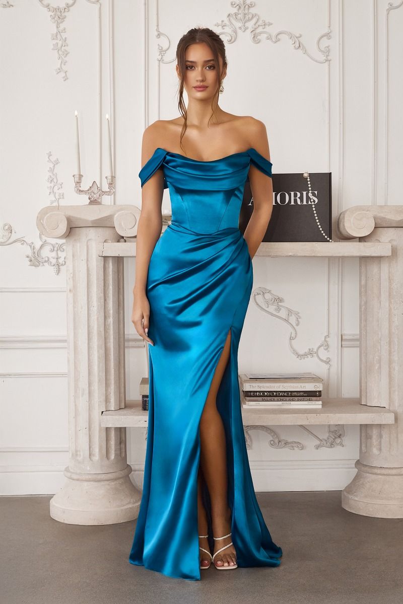 Amoris T820 Elegantly Fitted Satin Formal Gown with Leg Slit Mia Bella Couture Amoris T820 Elegantly Fitted Satin Formal Gown with Leg Slit Mia Bella Couture