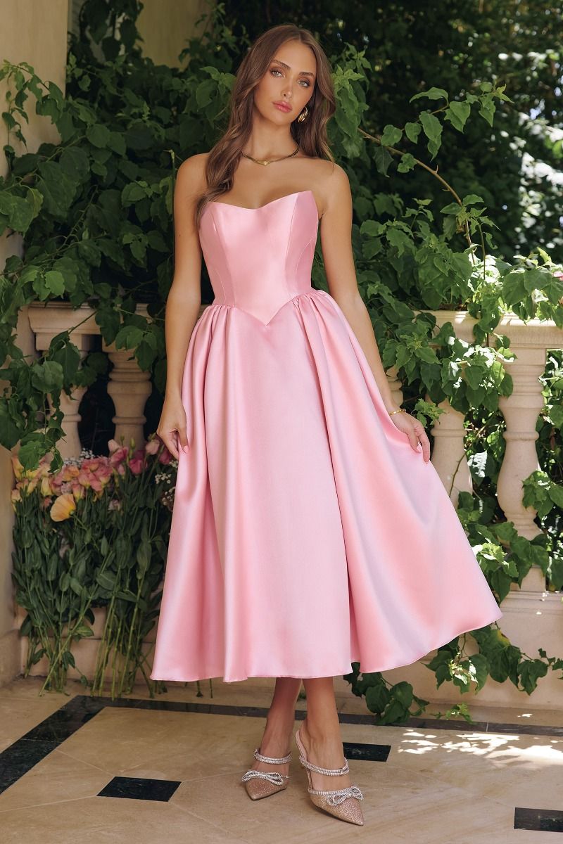 Amoris T822 Elegant Strapless Gathered A-line Midi Gown Mia Bella Couture Amoris T822 Elegant Strapless Gathered A-line Midi Gown Mia Bella Couture