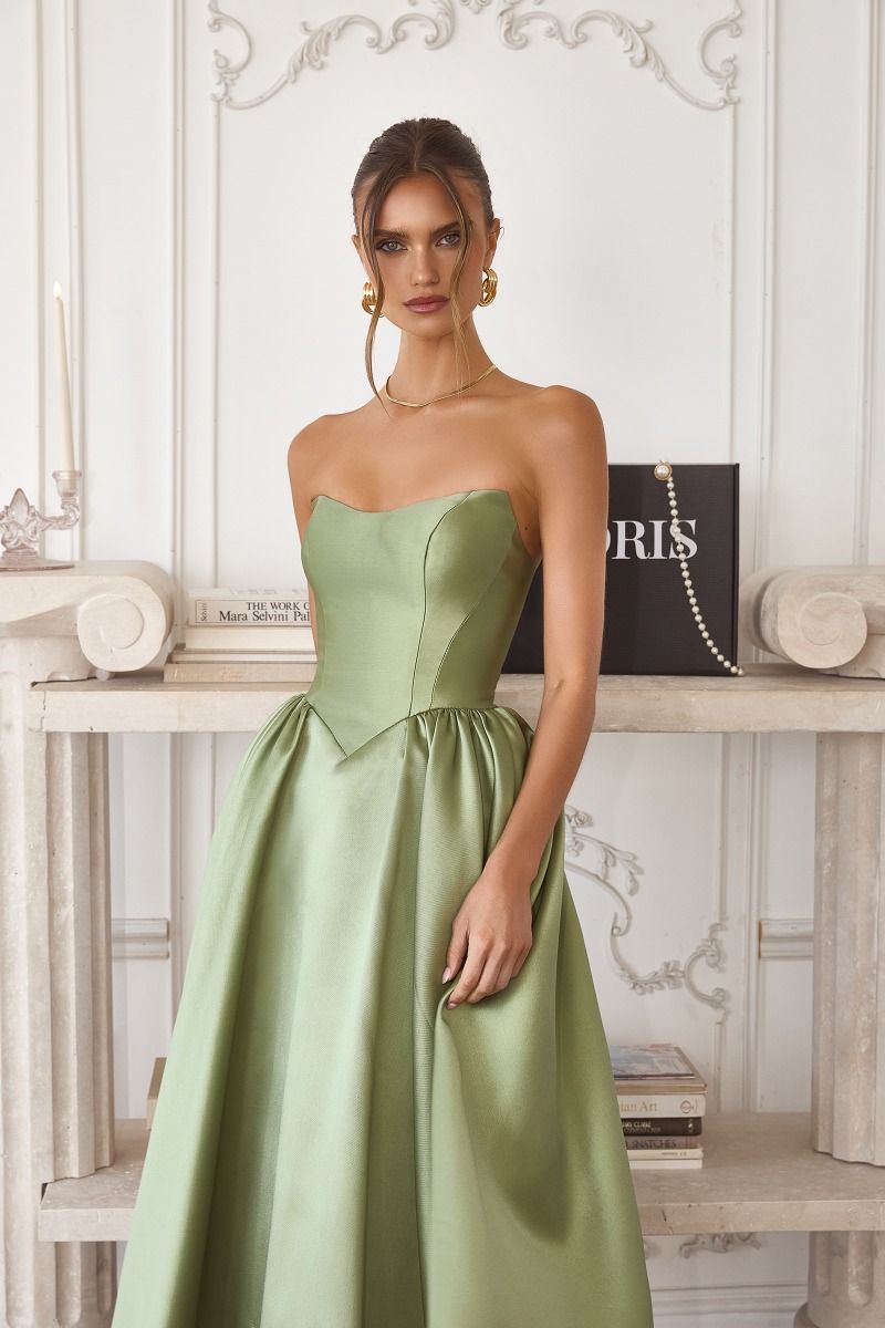 helaina midi dress strapless a line satin dress in navy Amoris T822 Elegant Strapless Gathered A-line Midi Gown Sage / XS