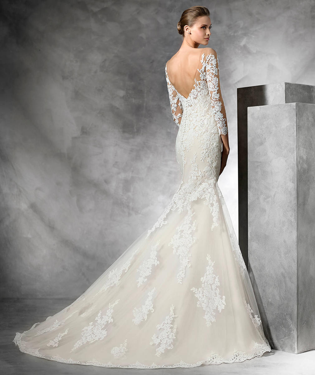 pronovias wedding dress lace sleeves ANKEY | Fit & flare bridal gown with bateau neckline