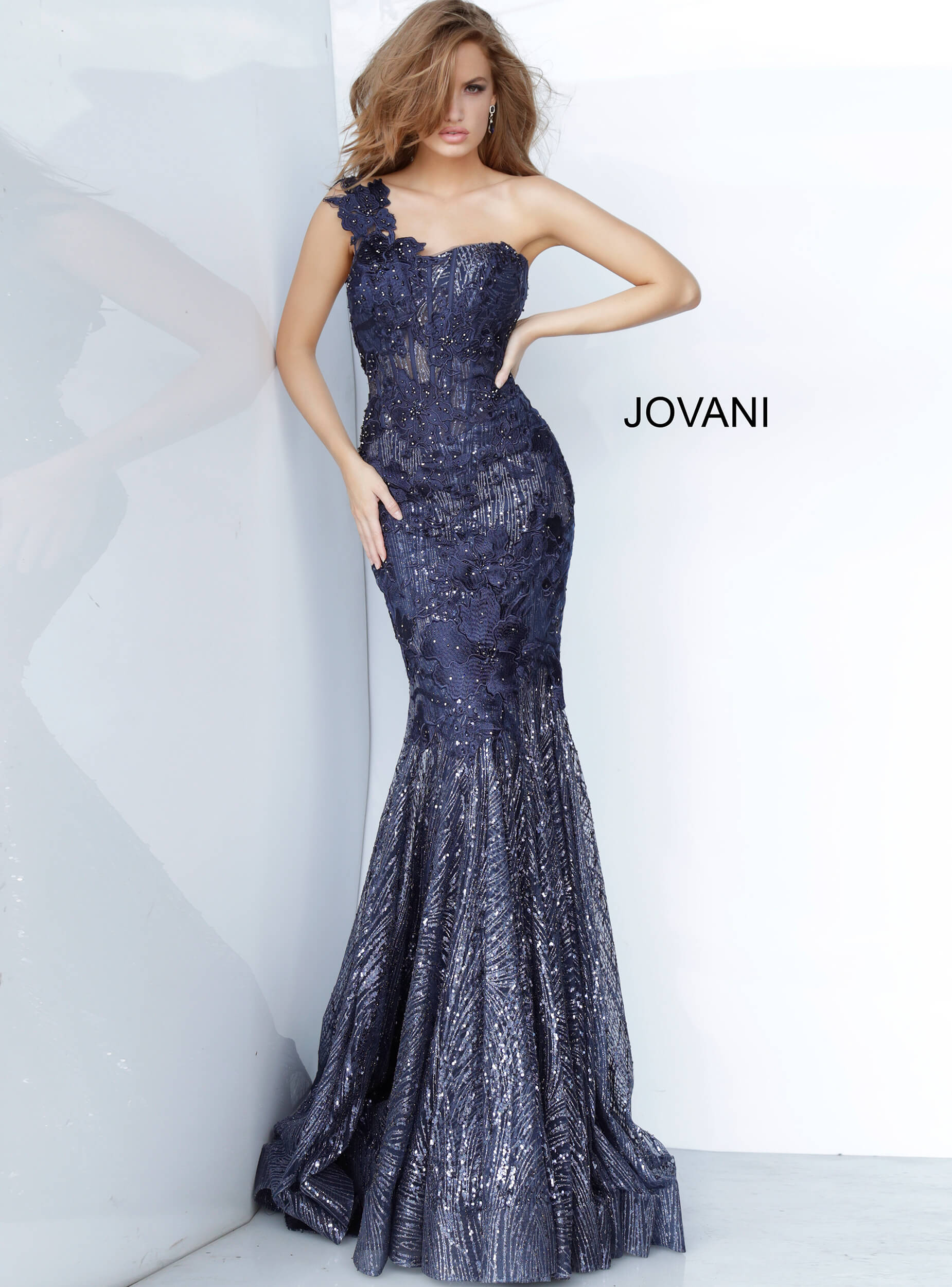 Jovani 02445 one shoulder fitted long dress