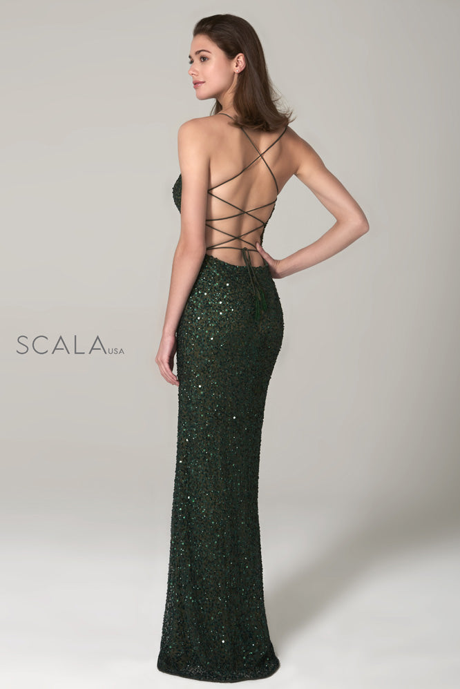 scala green dress Scala 80305 Beaded Long Formal Fitted Sequin Prom Dress The Dress Outlet