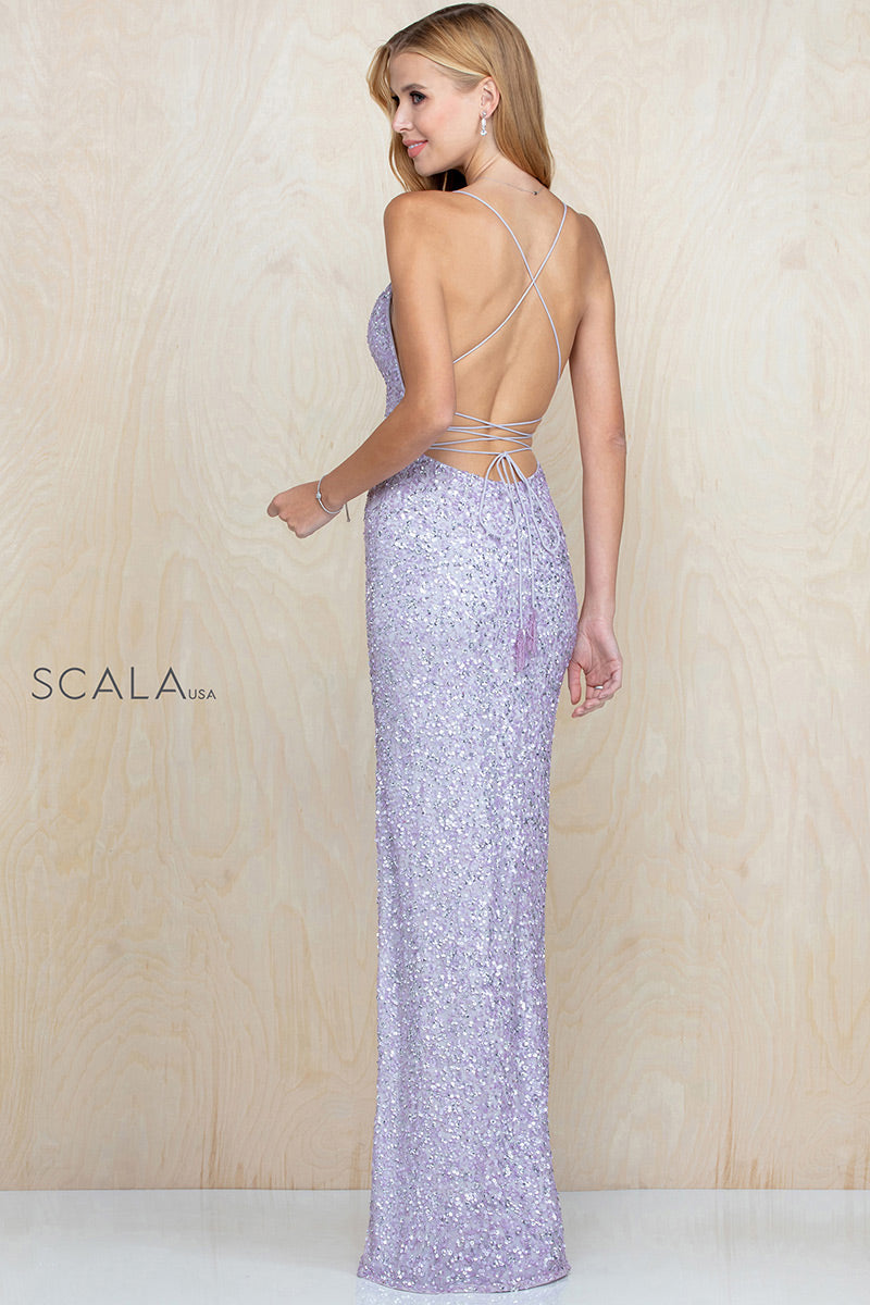 scala purple sequin dress Scala 61342 Fitted Long Prom Dress - Silver - Sleeveless Sequins with Slit