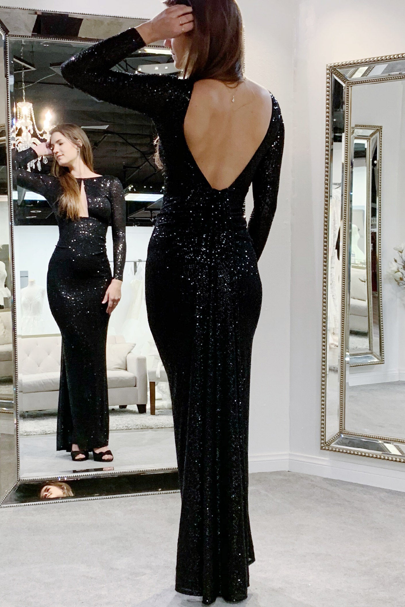 Nicole Bakti 6904 Sequin Dress with Long Sleeves and Deep V Neckline 8 / Champagne
