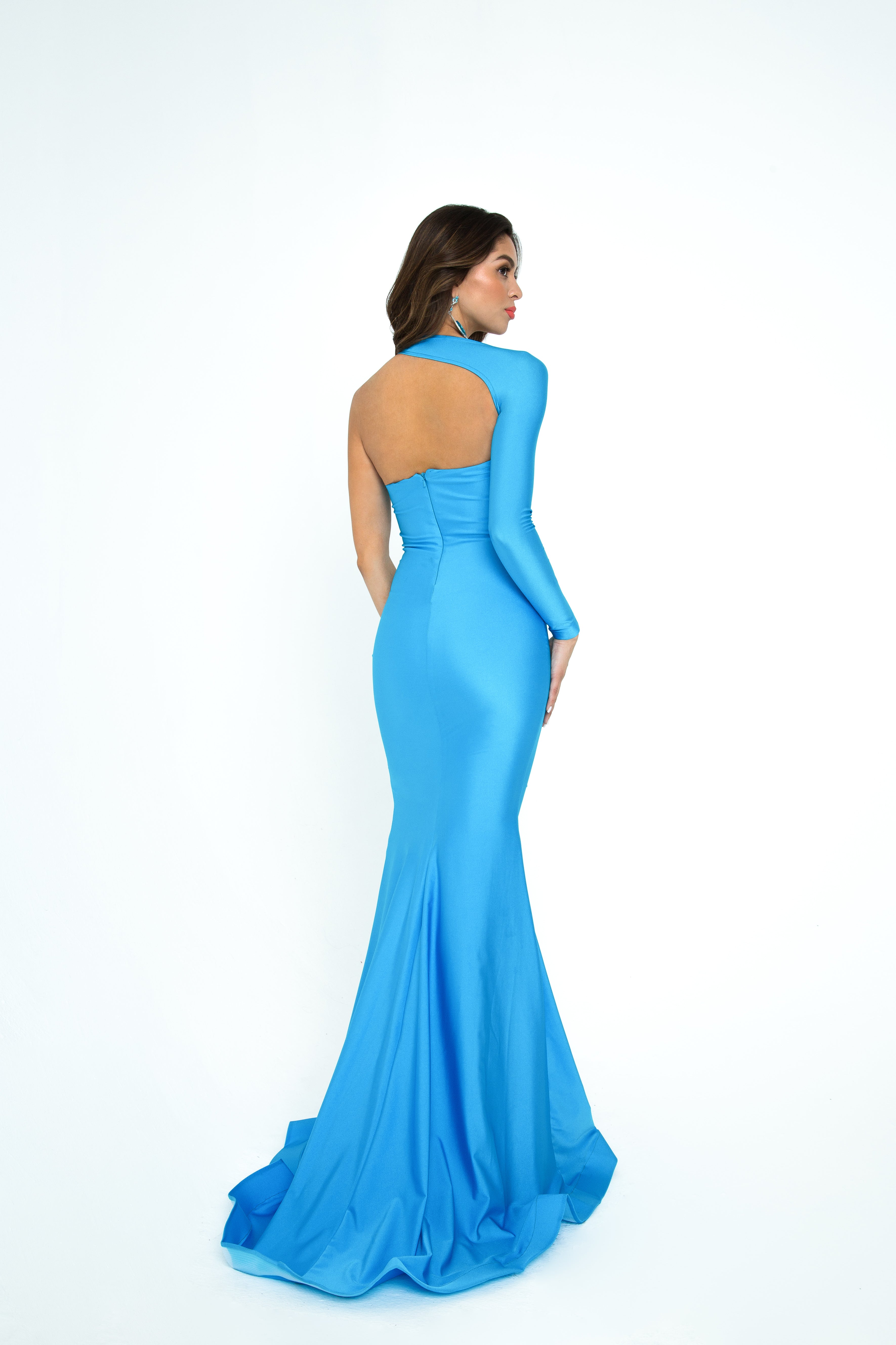 atria 6301H blue long sleeve prom and pageant dress