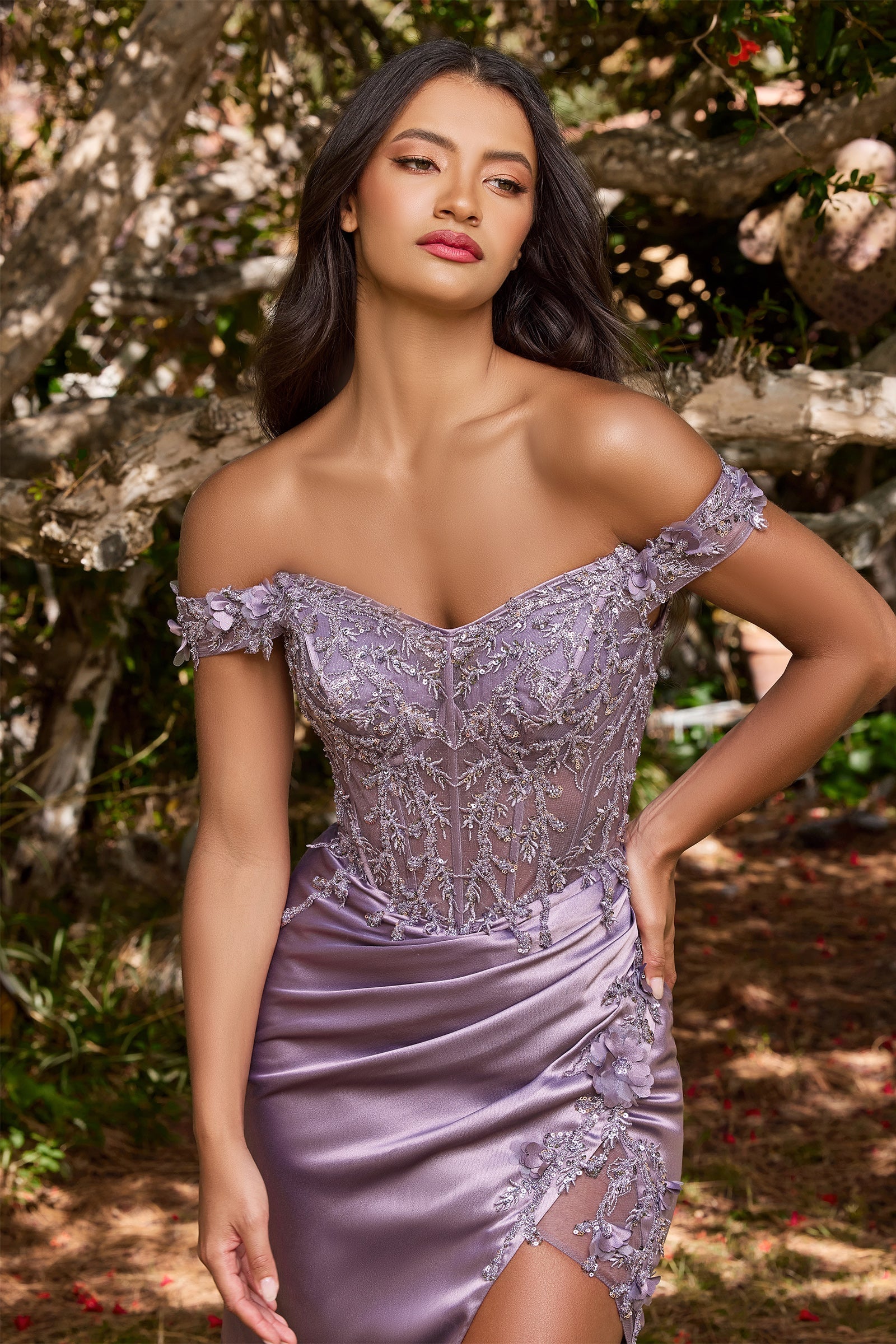 Ladivne CD0186 Off-Shoulder Embroidered Corset Gown with Thigh